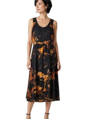 Simply Vera Vera Wang Lava Flo Print Midi Dress NWT | Medium | Black Orange Gold